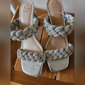 A New Day -Silver Braided Beaded Slide Heels